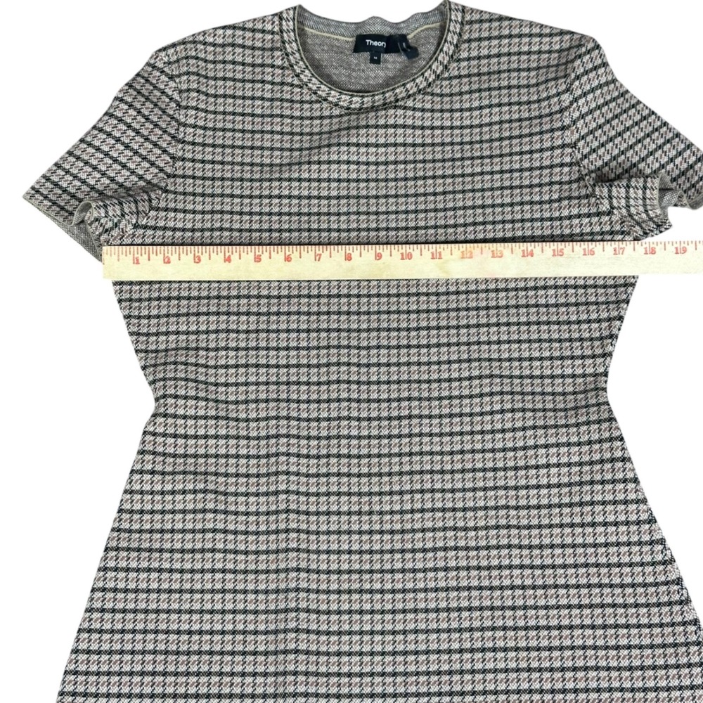 Theory Knit Dress Womens M Tan Black Houndstooth Short Sleeve Crew Neck Tailored - Picture 4 of 7